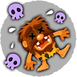 Tolaca's face appears cursed with 'x' eyes, his body mid-jump, with three skulls hovering over his head.